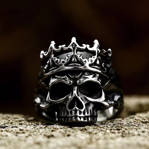 Anillo De Calavera Con Corona Para Hombre Acero Inoxidable Retro Gótico Punk Ajustable Joyería
