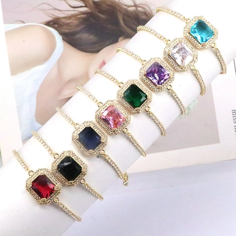 Bracelet En Zircon Carré Cuivre Plqué Or 18K Ajustable Bijoux Géométriques Colorés Pour Femmes