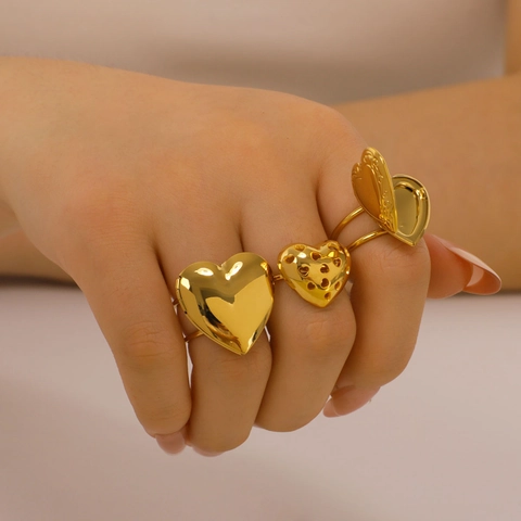 Stainless Steel Heart Ring Adjustable Open Gold Jewelry Waterproof Hypoallergenic Vintage Engraved Style Women