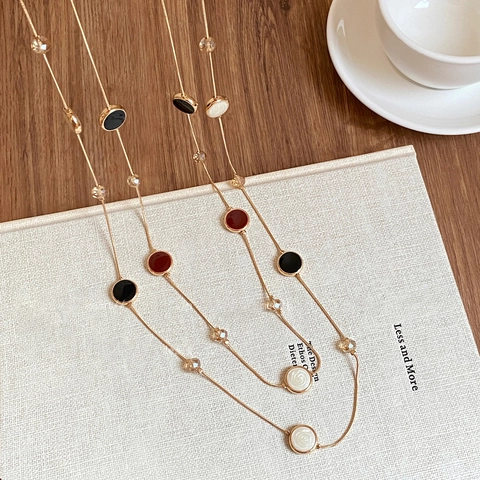 Double Layer Pendant Necklace Gold Plated Copper Enamel Round Charms Crystal Beads Retro French Style For Women