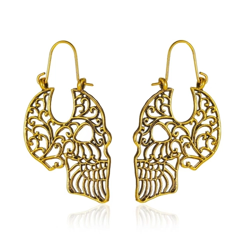 Boucles D'oreilles Crane Gothique Rétro Alliage Gravé Creux Vintage Punk Bijoux Pour Halloween Fête Femmes