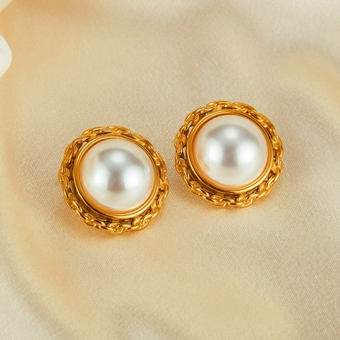 Pendientes de Botón de Perla Artificial de Acero Inoxidable Vintage para Mujer Borde Tejido Dorado Grandes Perlas Joyería