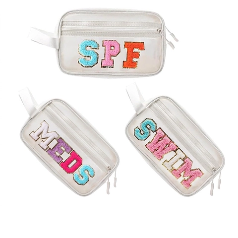 Transparente PVC Kosmetiktasche Mit Chenille Buchstaben Patches Wasserdicht Tragbare Kulturbeutel Für Reisen Damen