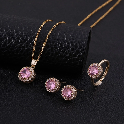 Copper Gold Plated Round Zircon Necklace Ring Earrings Elegant Luxury Delicate For Women