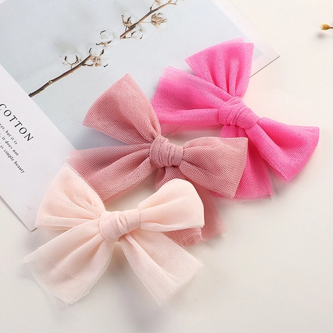 Mesh Bow Hair Clips Handmade Gauze Ribbon Barrettes Princess Headwear For Baby Girls Toddlers Solid Color Hairpins