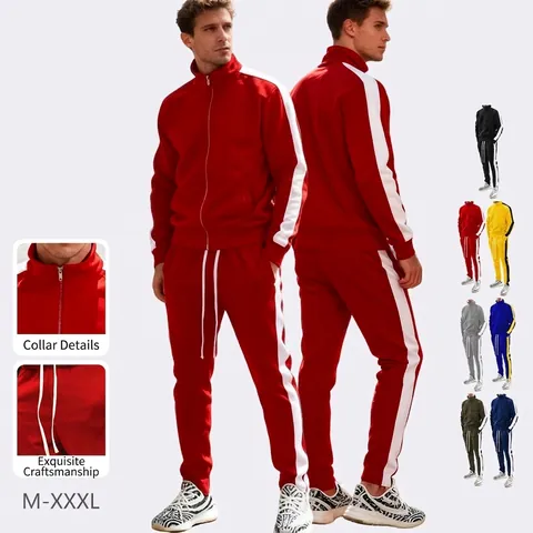 Men Tracksuit Polyester Color Block Contrast Side Stripe Full Zip Stand Collar Jacket And Pants Jogger Outfit