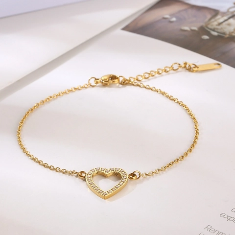 Pulsera De Corazón Hueco Para Mujer Acero Inoxidable Pavé Circonita Cúbica Estilo Coreano Joyería Elegante Cadena Ajustable