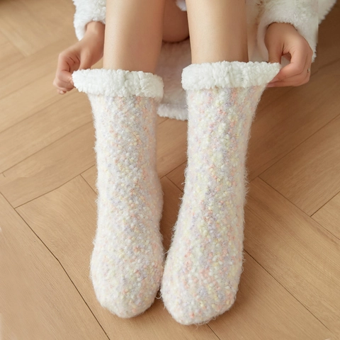 Chaussettes De Sol En Tricot Épais Doublure Sherpa Antidérapantes Thermiques Intérieur Douces Moelleuses
