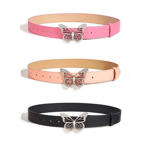 Women Faux Leather Belt With Butterfly Rhinestone Buckle Vintage Sweet Decorative Waistband For Jeans