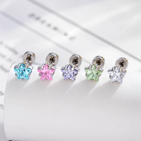 Ster Zirkoon Oorkraakbeen Stud Titanium Staal Koper Piercing Sieraden Mode Kleurrijk Pentagram Schroefsluiting Voor Dames