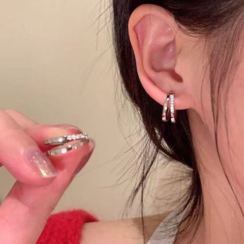 Double Layer Round Hoop Earrings For Women Copper Zircon Geometric Inlaid Elegant Commuter Fashion Jewelry Ear Buckle
