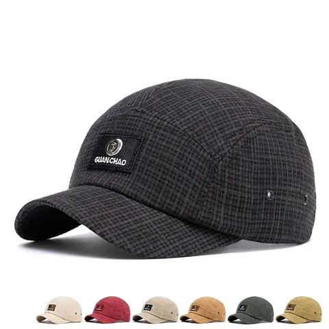 Short Brim Plaid Baseball Cap Cotton Grid Texture 5-Panel Camp Hat Adjustable Buckle Outdoor Breathable Streetwear