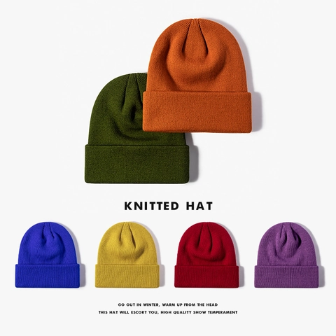 Knitted Beanie Hat Acrylic Thick Warm Winter Outdoor Cuffed Ribbed Solid Color Minimalist For Men Women Unisex