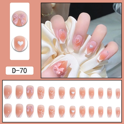 Unghie Finte Press On French Tip Sfumate Rosa Blush Con Fiocco 3D E Cuore Strass Stile Dolce