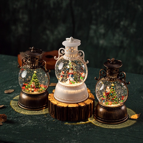 Christmas Snow Globe Lantern Music Box Plastic Resin Rotating Micro Landscape Glowing LED Light Automatic Snowfall Festive Gift