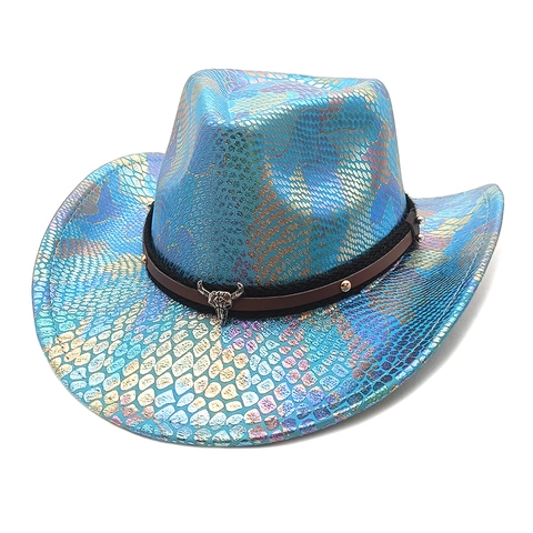 Cappello Da Cowboy Occidentale Motivo Scaglie Iridescenti Tesa Larga Metallico Retro Decoro Teschio Di Toro Festa Halloween Per Uomini Donne