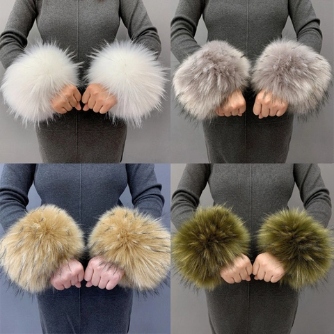 Faux Fur Wrist Cuffs Warm Fluffy Arm Sleeves Women Winter Decorative Soft Jacquard Wristbands Fashion Accessory