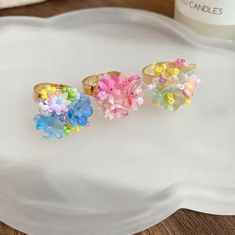 Anillo De Flores Hecho A Mano Dulce Fresco Racimo Resina Floral Banda Abierta Ajustable Joyería Para Mujeres Niñas