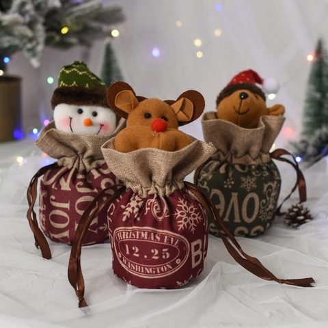 Weihnachts Geschenktüten Kordelzug Jute Plüsch 3D Weihnachtsmann Schneemann Rentier Bär Süßigkeiten Dekor