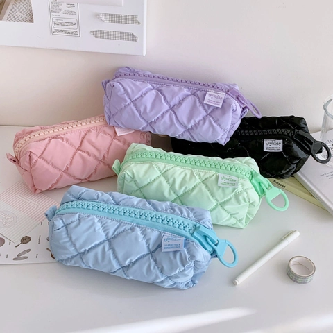 Large Capacity Quilted Pencil Case Soft Nylon Makeup Bag Candy Color Big Zipper Storage Pouch Stationery Organizer