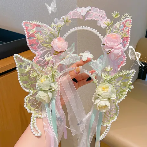 Kids Butterfly Headband Fairy Elf Floral Hair Band With Lace Wings Faux Artificial Pearls Long Ribbon For Girls Princess Costume