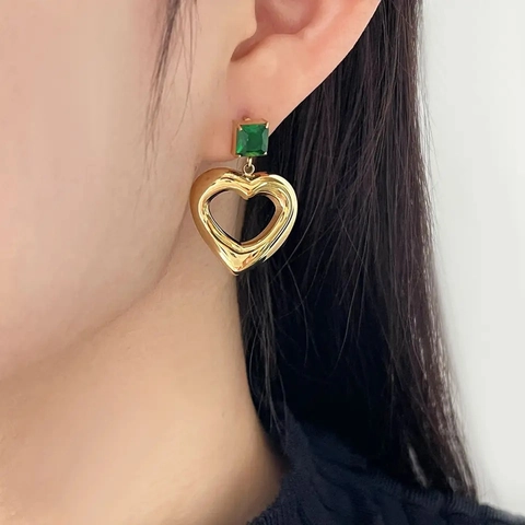 Heart Drop Earrings 18K Gold Plated Stainless Steel Green Square Zircon Vintage Hollow Jewelry Gift For Women