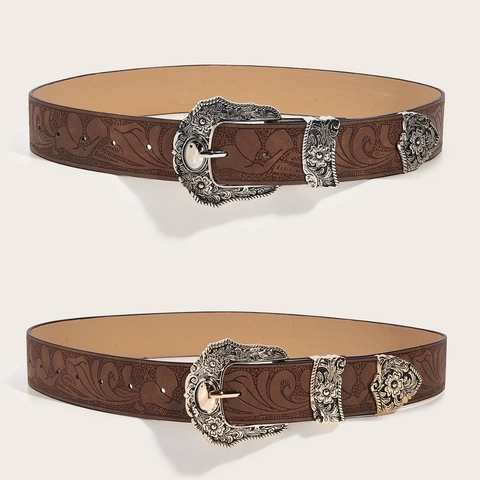Vintage Western Cowboy Riem Kunstleer Floraal Reliëf Driedelige Gegraveerde Legering Gesp Voor Dames Heren