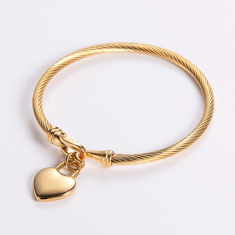 Women 18K Gold Plated Stainless Steel Heart Charm Cable Wire Bangle Bracelet Elegant Fashion Spiral Twist Jewelry Gift
