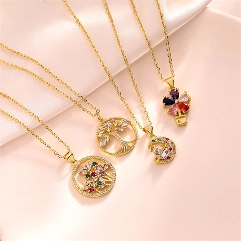 Pendant Necklace Copper Colorful Zirconia Micro Paved Tree Of Life Star Moon Flower Fashion Jewelry For Women