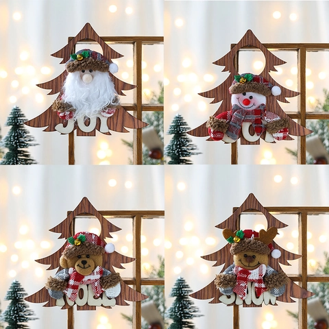 Christmas Wooden Hanging Ornaments Plush Santa Snowman Reindeer Bear Tree Shape Door Wall Decor Holiday Festive Bells