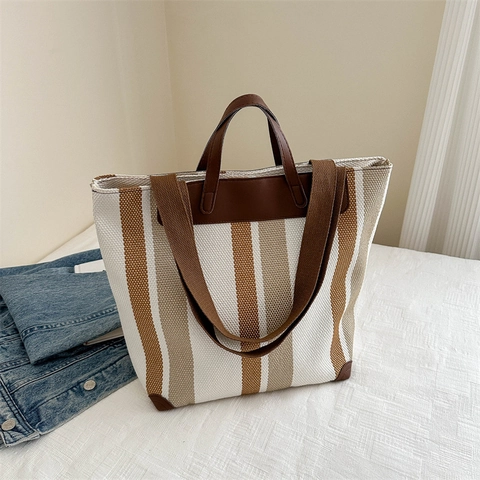 Striped Canvas Tote Bag Large Capacity Vertical Pattern PU Leather Trim Zipper Closure Handbag For Women Travel Work