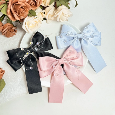 Pinza Para El Pelo Lazo Cinta De Satén Con Perlas Artificiales Elegante Accesorio Para El Cabello Estilo Coreano Para Mujeres Niñas