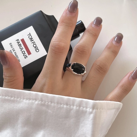 925 Sterling Silber Verstellbarer Ring Mit Ovalem Schwarzem Onyx Liquid Metal Stil Minimalistischer Moderner Schmuck