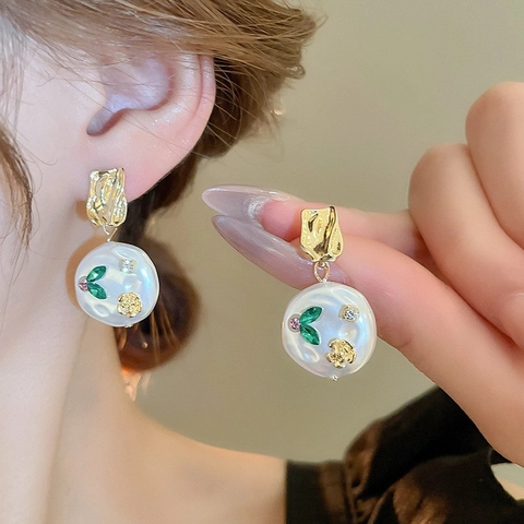 Orecchini Pendenti Rotondi In Resina Fiore Foglia Con Perno In Argento Lega Strass Stile Vintage Francese Per Donna