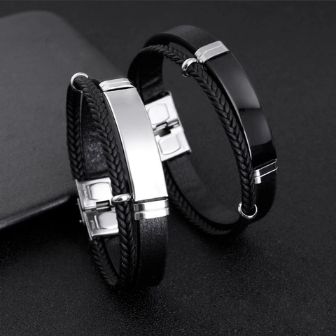 Men Double Layer Woven Leather Bracelet With Stainless Steel Plate Punk Hip Hop Style Fashion Wristband Accessory