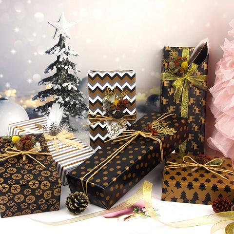 Gift Wrapping Paper Gold Black Polka Dot Chevron Reindeer Stripe Pattern Art Paper For Christmas Birthday Holiday Present Packaging