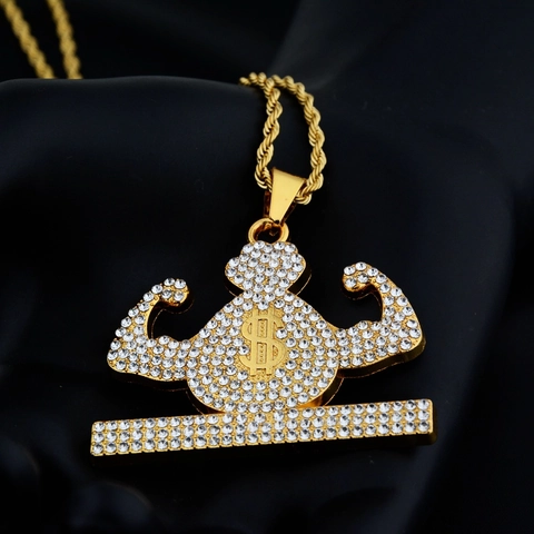 Collar Con Colgante Hip Hop Aleación Color Oro Pedrería Brazos Musculosos Bolsa De Dinero Signo De Dólar Joyería Unisex