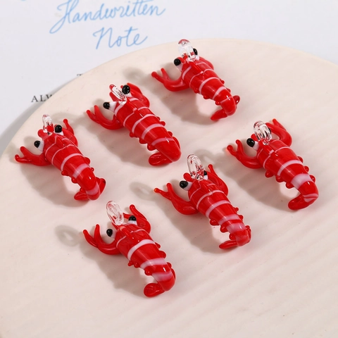 Simpatico Ciondolo Aragosta Simulazione Charm In Vetro Lampwork A Righe Rosse Bianche Con Anello Pendente DIY Gioielli