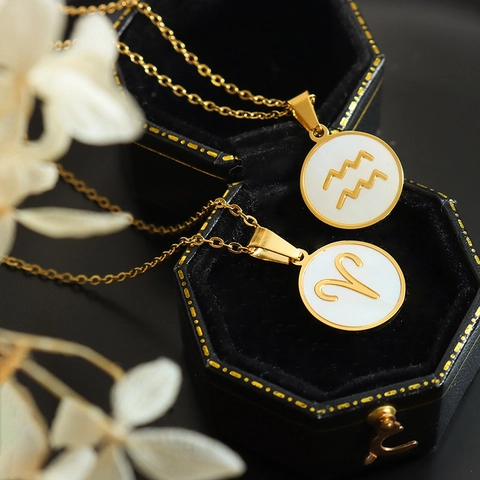Zodiac Necklace 18K Gold Plated Stainless Steel White Mother Of Artificial Pearl Pendant Constellation Jewelry For Women