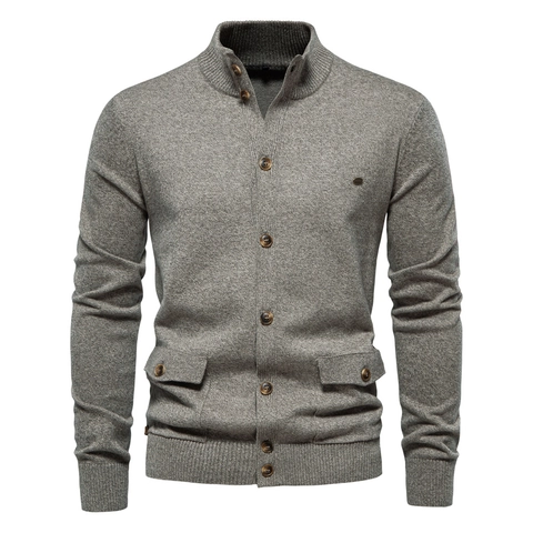 Men Knitted Cardigan Sweater Stand Collar Button Down Slim Fit Business Casual Cotton Blend Long Sleeve Ribbed Texture