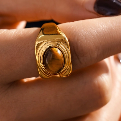 Anello Vintage in Acciaio al Titanio Occhio di Tigre Minimalista Placcato Oro Argento Bordo Strutturato Gioielli Donna
