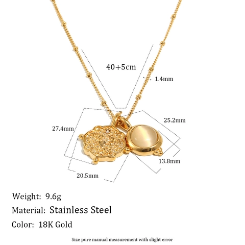 Vintage Stainless Steel Necklace For Women 18K Gold Plated Cat Eye Stone Double Pendant Relief Coin Medallion Elegant