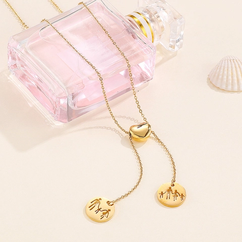 Minimalistische Lariat Kette Aus Edelstahl Mit Herz-Schiebeschnalle Und Familien-Anhängern Modischer Stil Für Damen