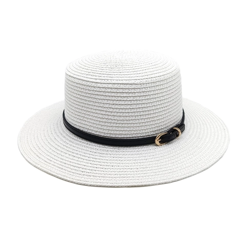 Boater Straw Hat Women Flat Top Wide Brim Sun Protection Summer Beach Holiday Woven Breathable PU Leather Band Buckle