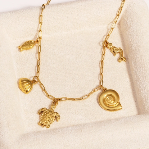 Collar Dije Tema Oceánico Acero Inoxidable Baño Oro 18K Concha Estrella De Mar Sirena Pez Tortuga Joyería Playa Verano