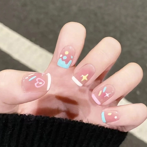 Press On Nails Pink Blush Heart Star Pattern Sweet Colorful Candy Color ABS Square Round False Nails Summer Hand Painted Style