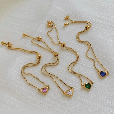 Heart Adjustable Bracelet Stainless Steel Women With Colorful Cubic Zirconia Slider Box Chain Elegant Jewelry Fashion Gift
