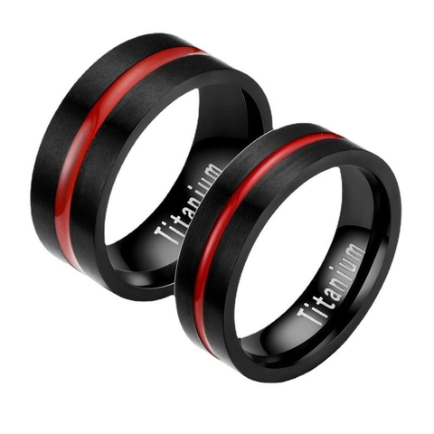 Titanium Steel Ring Black Brushed Surface Red Enamel Groove Minimalist Band Jewelry For Men And Couples