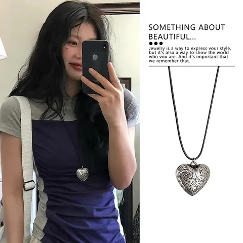 Vintage Carved Heart Pendant Necklace With Black Wax Rope Adjustable Cord Bohemian Ethnic Jewelry For Women