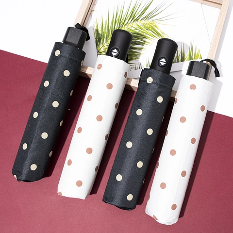 Ombrello Pieghevole A Pois Protezione UV Parasole Pioggia Portatile Compatto Manuale Automatico Con Rivestimento Nero